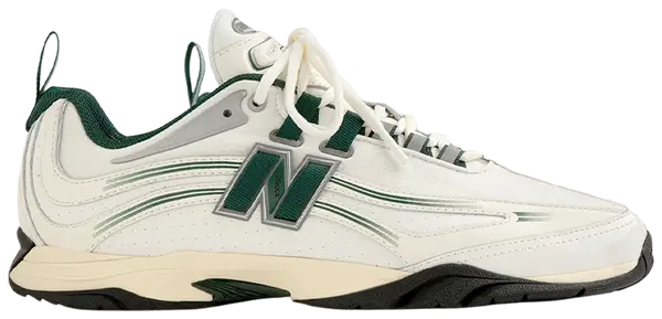 Aimé Leon Dore x New Balance RC56 'Pristine' sneaker with white mesh and leather, green linework, and floral ALD heel crest.