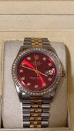 Pre-Owned Rolex 36MM Two-Tone YG-SS – Red Dial with 1ct Diamond Accents, Cutom Damiond Dial and Jubilee 18K Gold Bracelet (Model 1601)