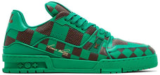Louis Vuitton Trainer 'Damier Pop - Green' 2024 in embossed green leather with tonal rubber sole and Damier Pop pattern.
