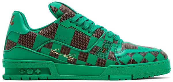 Louis Vuitton Trainer 'Damier Pop - Green' 2024 in embossed green leather with tonal rubber sole and Damier Pop pattern.
