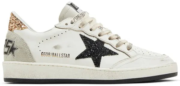 Golden Goose Wmns Ballstar in white leather with gold star, black suede heel, and ice grey detailing.

