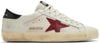 Golden Goose Superstar white leather sneaker with pomegranate red accents and black detailing.