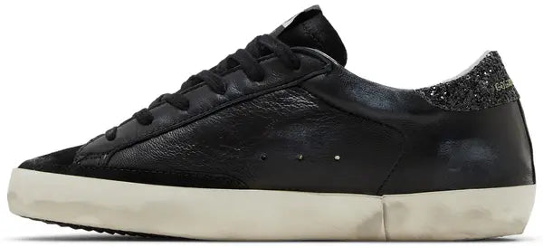 Golden Goose Wmns Superstar 'Black Glitter Heel' Distressed Leather Sneaker