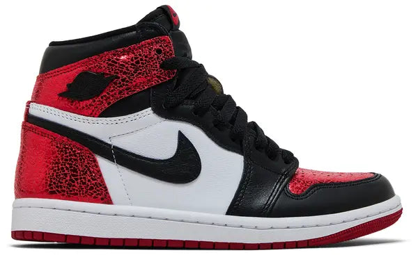 Women's Air Jordan 1 Retro High OG 'Ruby' with cracked Varsity Red leather, black overlays, and white panels.