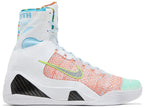 Nike Kobe 9 Elite Protro 'What The Kobe' 2025 high-top with white multicolor Flyknit upper and embroidered heel detailing.