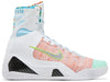Nike Kobe 9 Elite Protro 'What The Kobe' 2025 high-top with white multicolor Flyknit upper and embroidered heel detailing.
