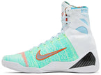 Nike Kobe 9 Elite Protro 'What The Kobe' 2025 high-top with white multicolor Flyknit upper and embroidered heel detailing.