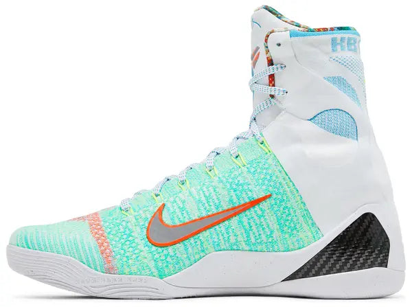 Nike Kobe 9 Elite Protro 'What The Kobe' 2025 high-top with white multicolor Flyknit upper and embroidered heel detailing.
