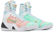 Nike Kobe 9 Elite Protro 'What The Kobe' 2025 high-top with white multicolor Flyknit upper and embroidered heel detailing.
