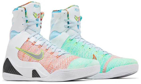 Nike Kobe 9 Elite Protro 'What The Kobe' 2025 high-top with white multicolor Flyknit upper and embroidered heel detailing.