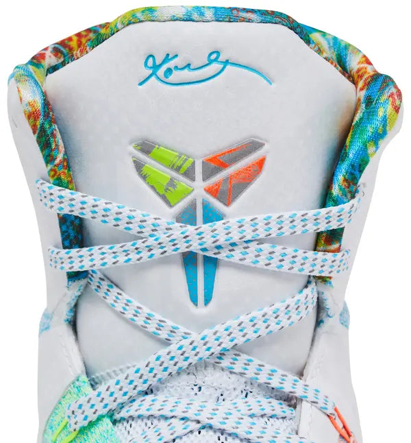 Nike Kobe 9 Elite Protro 'What The Kobe' 2025 high-top with white multicolor Flyknit upper and embroidered heel detailing.