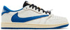 Fragment x Travis Scott x Air Jordan 1 Low OG 'Sail Military Blue' with reverse blue Swoosh and vintage-tinted midsole.