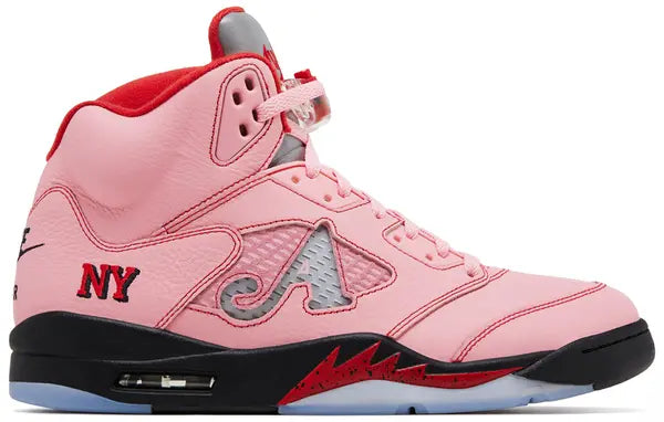 Awake NY x Air Jordan 5 Retro Boro Arctic Pink 2025 sneaker in pink leather with reflective tongue, dual branding, and red shark tooth accents.