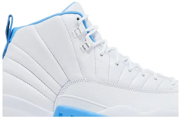 Air Jordan 12 Retro 'Melo' 2025 featuring white leather upper, University Blue accents, and Zoom Air sole with carbon fiber shank.