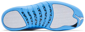 Air Jordan 12 Retro 'Melo' 2025 featuring white leather upper, University Blue accents, and Zoom Air sole with carbon fiber shank.