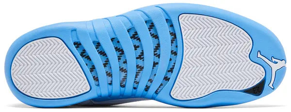 Air Jordan 12 Retro 'Melo' 2025 featuring white leather upper, University Blue accents, and Zoom Air sole with carbon fiber shank.