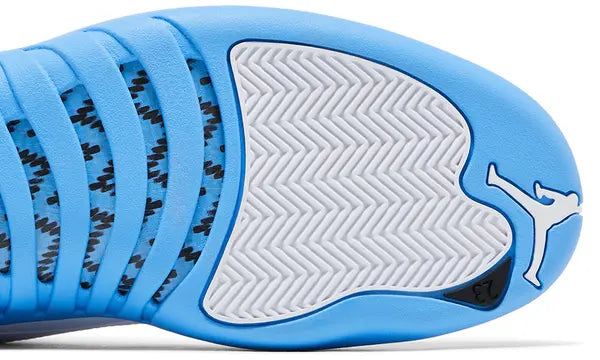 Air Jordan 12 Retro 'Melo' 2025 featuring white leather upper, University Blue accents, and Zoom Air sole with carbon fiber shank.