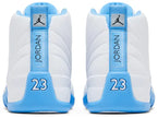 Air Jordan 12 Retro 'Melo' 2025 featuring white leather upper, University Blue accents, and Zoom Air sole with carbon fiber shank.