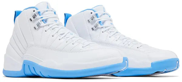 Air Jordan 12 Retro 'Melo' 2025 featuring white leather upper, University Blue accents, and Zoom Air sole with carbon fiber shank.
