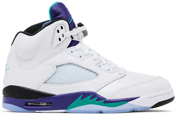 Air Jordan 5 Retro 'Grape' 2025 in white leather with grape purple and emerald accents, reflective tongue, and translucent grape ice outsole.
