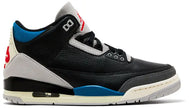 Air Jordan 3 Retro OG 'Rare Air' 2025 black leather sneaker with grey suede overlays, blue and red accents, and Nike Air heel branding.

