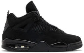 Side view of the 2025 Air Jordan 4 Retro ‘Black Cat’ featuring all-black nubuck and TPU wings.