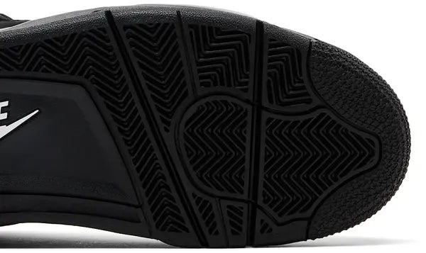 Heel view displaying the black Jumpman heel tab on the Air Jordan 4 Retro ‘Black Cat.’