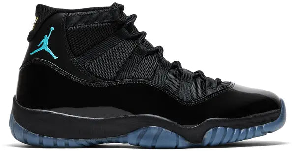 Air Jordan 11 Retro Gamma Blue 2025 sneaker in black with patent leather mudguard and blue Jumpman logo.