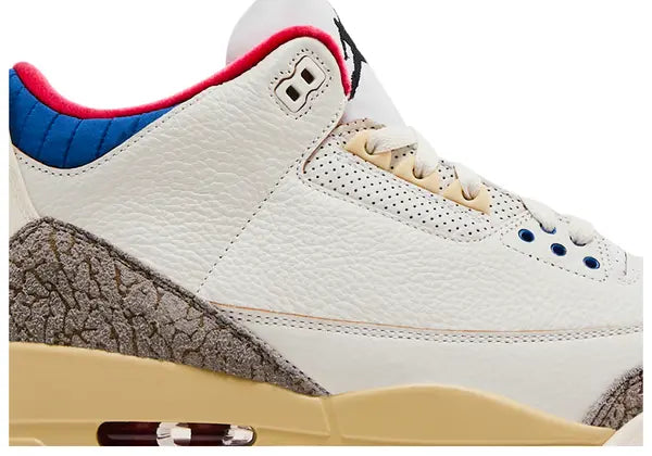 Air Jordan 3 Retro ‘Seoul 2.0’ 2025 white leather sneakers with grey elephant print, Sport Royal collar, embroidered Jumpman and Korean flag tongues.