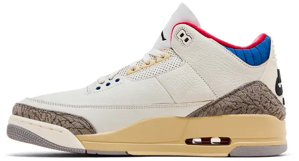 Air Jordan 3 Retro ‘Seoul 2.0’ 2025 white leather sneakers with grey elephant print, Sport Royal collar, embroidered Jumpman and Korean flag tongues.