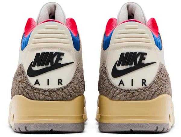 Air Jordan 3 Retro ‘Seoul 2.0’ 2025 white leather sneakers with grey elephant print, Sport Royal collar, embroidered Jumpman and Korean flag tongues.