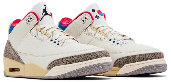 Air Jordan 3 Retro ‘Seoul 2.0’ 2025 white leather sneakers with grey elephant print, Sport Royal collar, embroidered Jumpman and Korean flag tongues.
