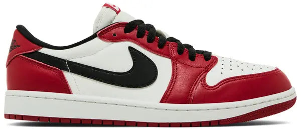 Side profile of the Air Jordan 1 Retro Low OG ‘Chicago’ 2025 in Varsity Red, Black, and Summit White.