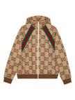 Gucci GG Supreme Hooded Jacket in brown multicolor jacquard with drawstring hood, zip front, and signature GG pattern.