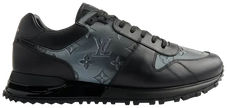 Louis Vuitton Run Away Sneaker in Black Iridescent leather with monogram detailing and elevated rubber outsole.