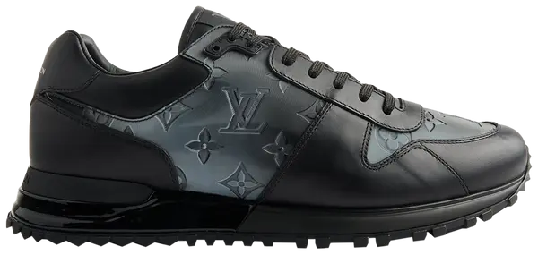 Louis Vuitton Run Away Sneaker in Black Iridescent leather with monogram detailing and elevated rubber outsole.