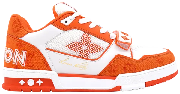 Louis Vuitton Trainer Low 'Velcro Strap - Orange Monogram Denim' 2024 in orange leather and monogram denim with velcro strap and tonal rubber outsole.

