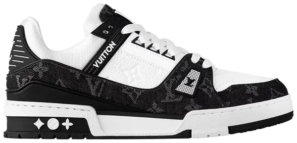 Louis Vuitton Wmns Trainer 'Black Monogram Denim' 2023 sneaker with tonal black Monogram denim upper, black leather overlays, and embossed LV branding.

