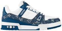 Louis Vuitton Wmns Trainer 'Monogram Denim - Light Blue' 2023 sneaker featuring Monogram denim upper, white leather accents, and luxury detailing.

