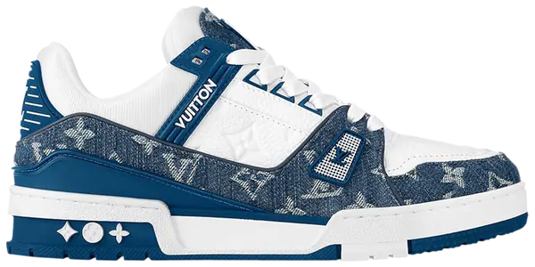 Louis Vuitton Wmns Trainer 'Monogram Denim - Light Blue' 2023 sneaker featuring Monogram denim upper, white leather accents, and luxury detailing.

