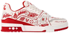 Louis Vuitton Trainer 'Red Graffiti' 2024 sneaker in red leather with white graffiti-style Louis Vuitton logo and contrasting midsole.

