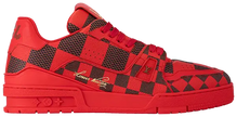 Louis Vuitton Trainer 'Damier Pop - Red' 2024 in red embossed leather with checkerboard pattern and red rubber sole.