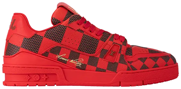 Louis Vuitton Trainer 'Damier Pop - Red' 2024 in red embossed leather with checkerboard pattern and red rubber sole.