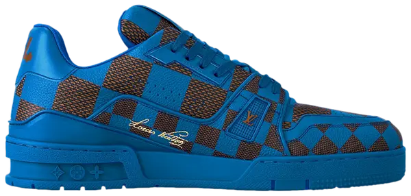 Louis Vuitton Trainer 'Damier Pop - Blue' 2024 in embossed blue leather with tonal Damier pattern and signature rubber sole.

