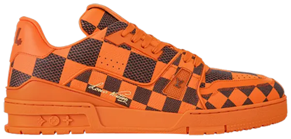 Louis Vuitton Trainer 'Damier Pop - Orange' 2024 orange leather sneaker with embossed Damier pattern and tonal rubber sole.


