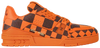Louis Vuitton Trainer 'Damier Pop - Orange' 2024 orange leather sneaker with embossed Damier pattern and tonal rubber sole.

