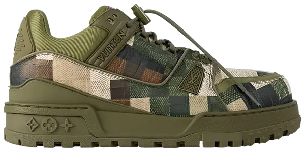 Louis Vuitton Trainer Maxi 'Damoflage' 2024 sneaker in green camo Damier leather with chunky sole and oversized silhouette.