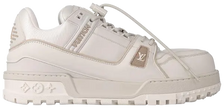 Louis Vuitton Trainer Maxi Sneaker 'White' 2024 in smooth white leather with chunky sole and debossed LV branding.
