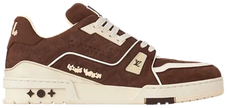 Tyler, the Creator x Louis Vuitton Trainer 'Mocha' in brown nubuck with white piping, embossed monogram, and cream rubber sole.
