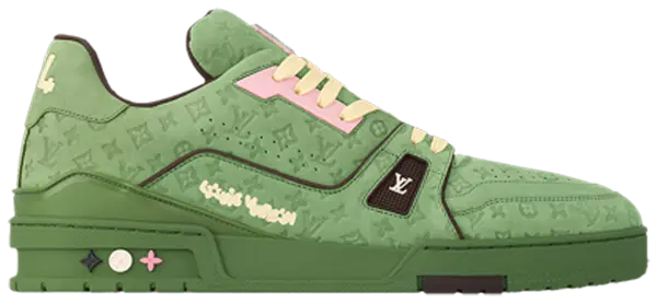 Louis Vuitton Trainer 'Green' 2024 by Tyler, the Creator with green nubuck, pink LV logo accents, and hand-drawn monogram detailing.

